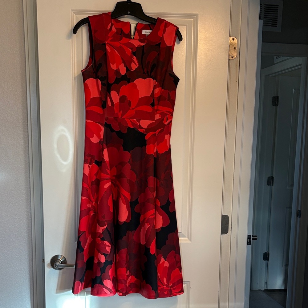Calvin Klein Red and Black Floral Midi Dress